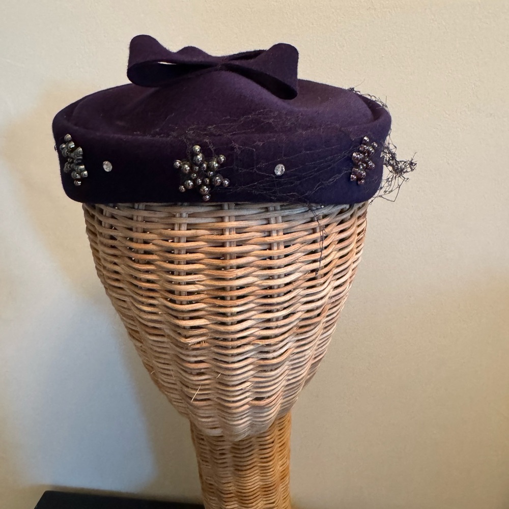Vintage Purple Wool Beaded Pillbox Hat